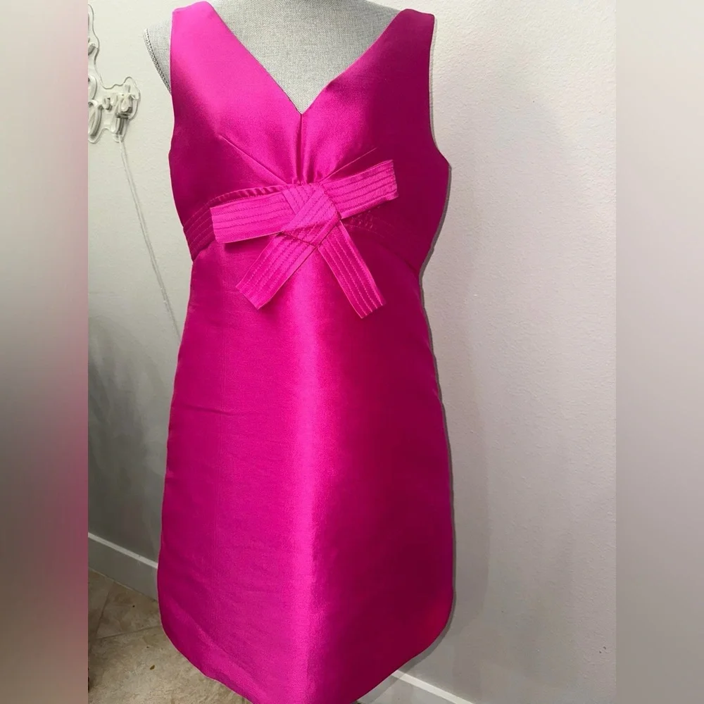 kate spade Hot Pink Satin V-Neck Mini Dress with Bow - Picture 2 of 4